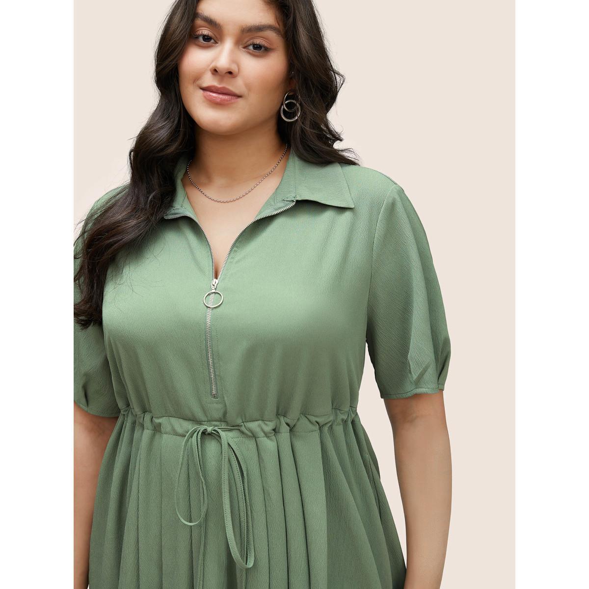 Plus Size Plain Drawstring Half Zip Pleated Dress Sage Women At the Office Non Lapel Collar Short sleeve Curvy Midi Dress BloomChic 28/5X Product Image