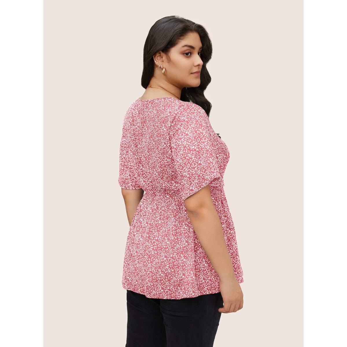 Plus Size Rouge Ditsy Floral Shirred Ruffle Sleeve Elastic Waist Blouse Women Elegant Short sleeve V-neck Everyday Blouses BloomChic 10/M Product Image