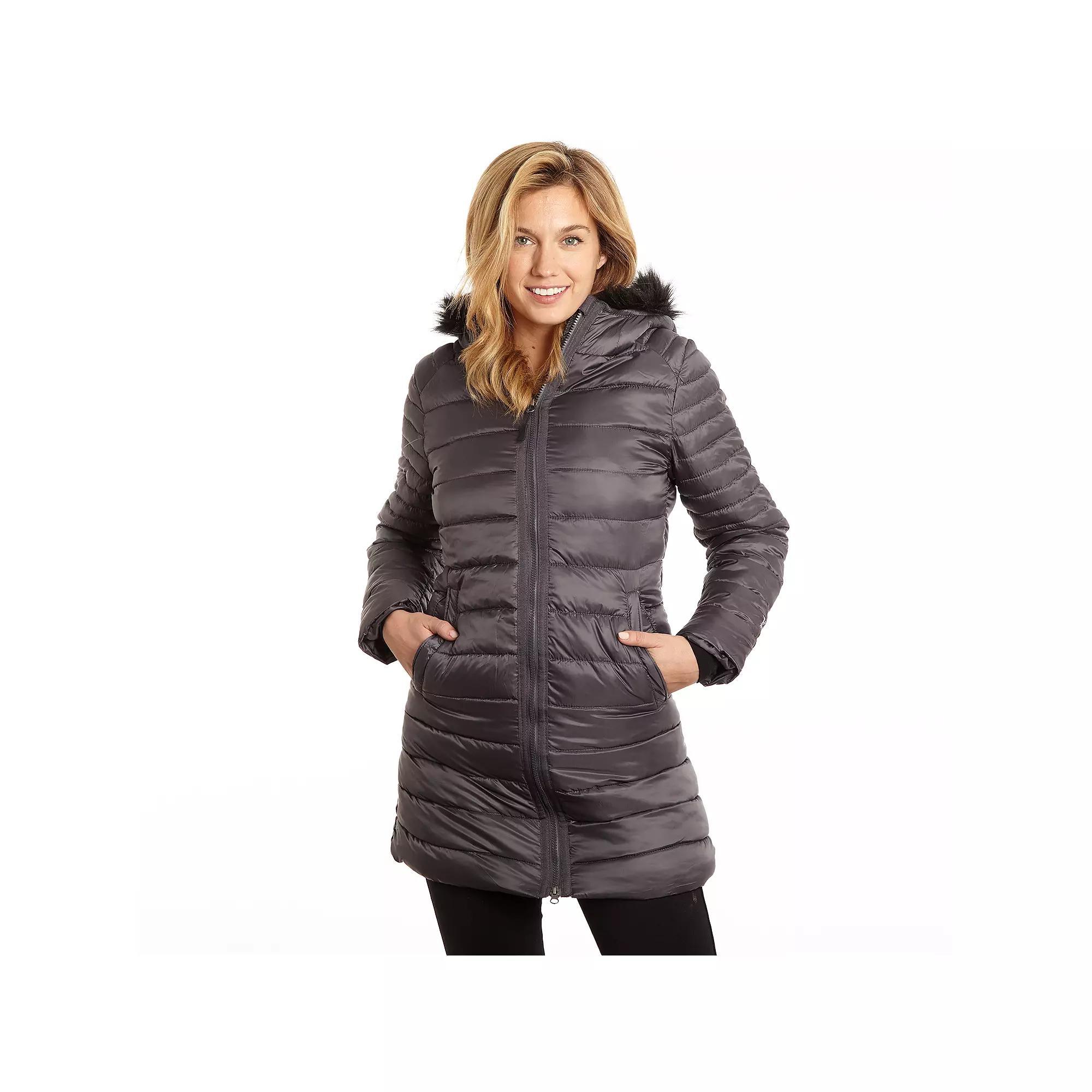 Womens Excelled Poly 3/4 Puffer with Attached Hood Faux Fur Trim, Women's, Size: Large, Gray Product Image