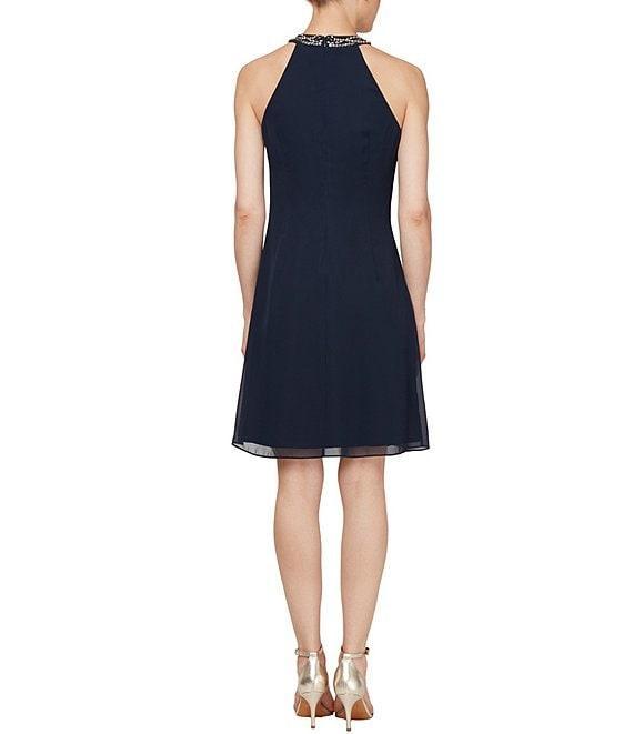 Ignite Evenings Beaded Braid Sleeveless Halter Neck Chiffon Ruffle Front Dress Product Image