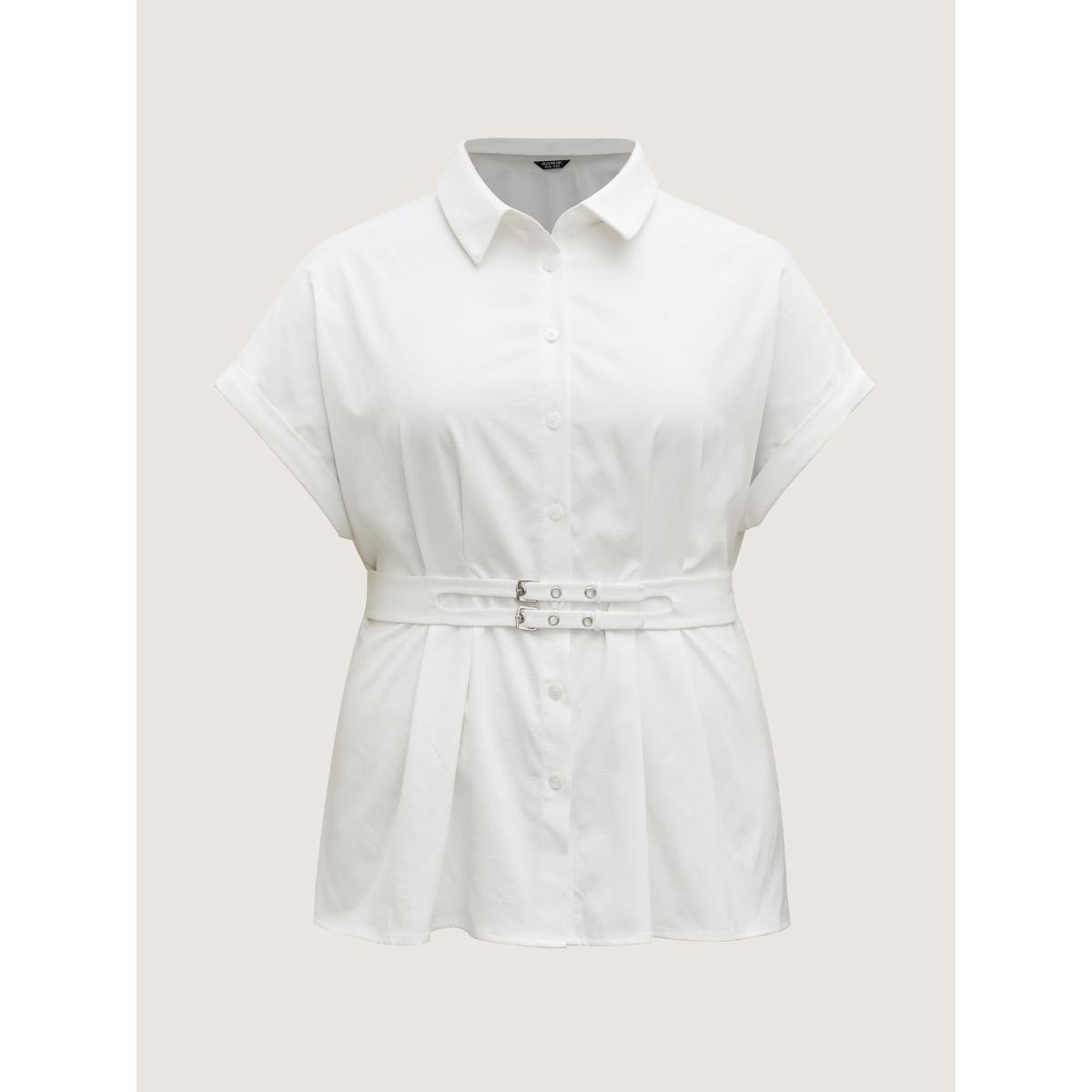 Plus Size Originalwhite Double Belt Waist-Cinched Shirred Blouse Women Short sleeve Shirt collar Work Blouses BloomChic 12/L Product Image