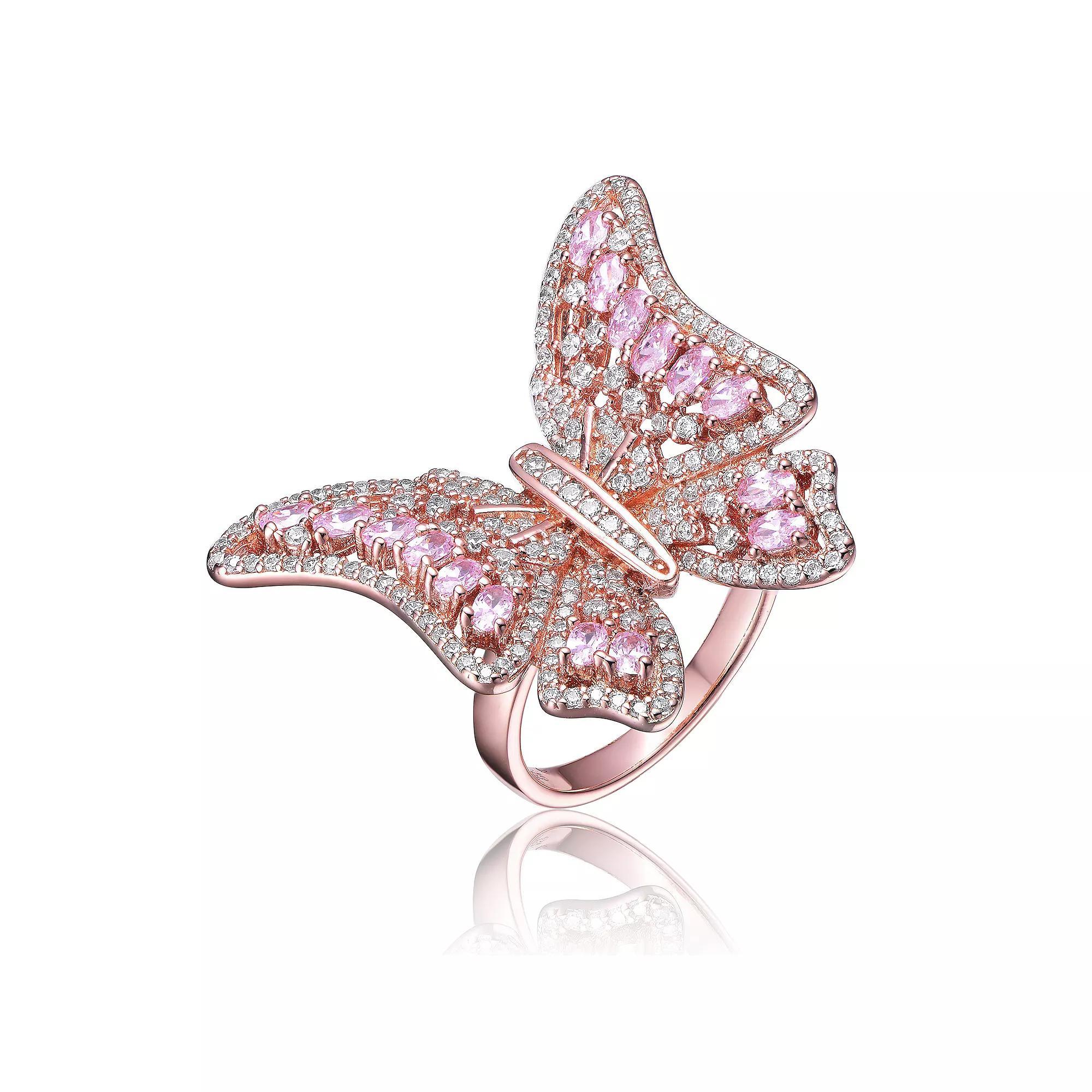 Rose Gold Tone Pink Cubic Zirconia Butterfly Ring, Womens Pink Tone Product Image