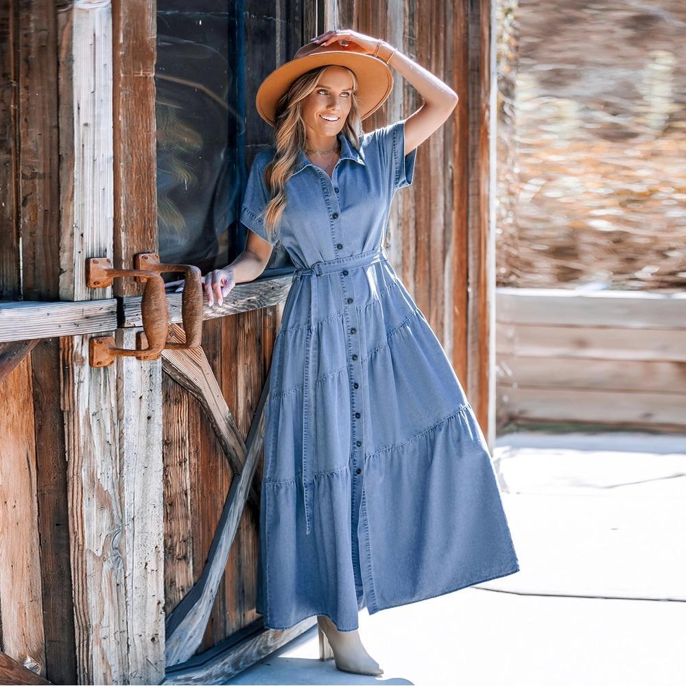Women's Denim Tiered Maxi Shirt Dress with Collar and Button Front - Cupshe Product Image