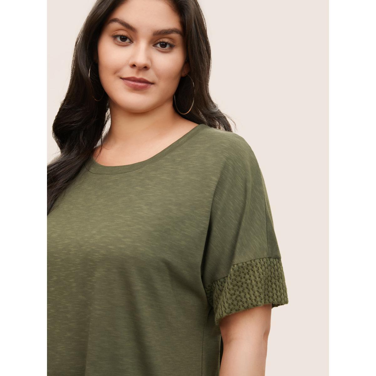 Plus Size Solid Lace Insert Batwing Sleeve T-shirt ArmyGreen Women Casual Texture Plain Round Neck Everyday T-shirts BloomChic 12/L Product Image