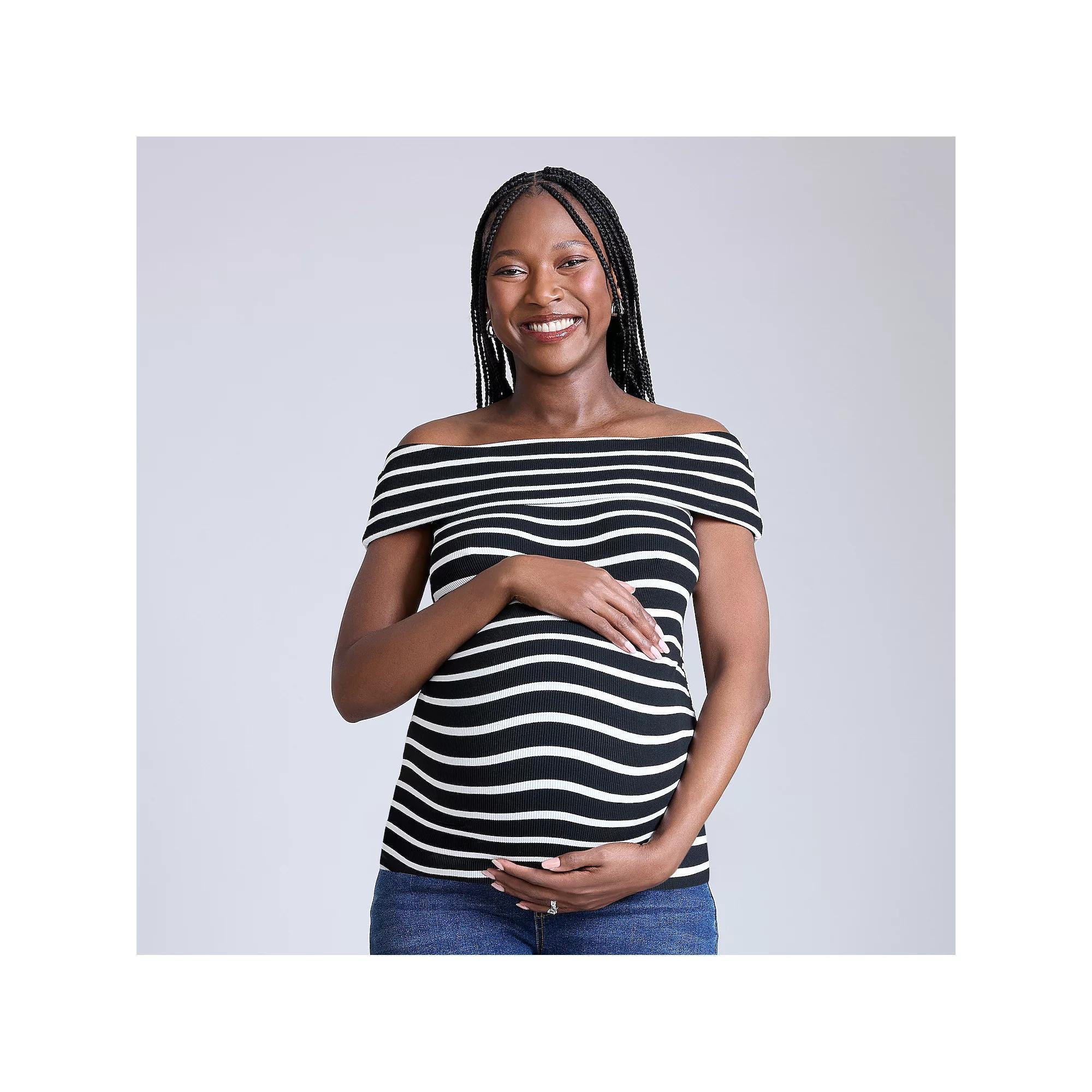 Maternity Motherhood® Off-The-Shoulder Top, Women's, Size: XS-MAT, Black White Stripe Product Image