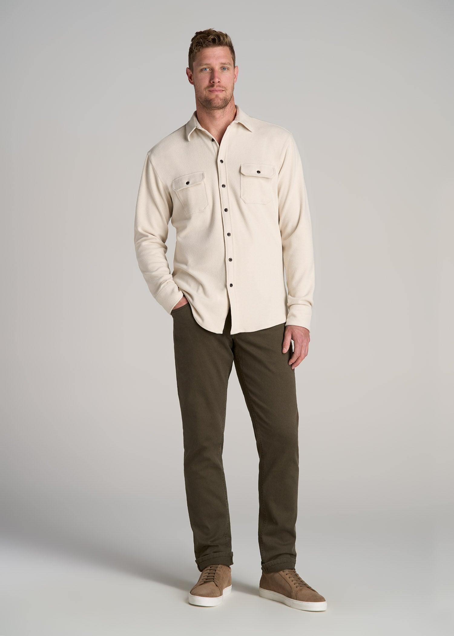 Stretch Flannel Button Tall Men's Shirt in Soft Beige Product Image