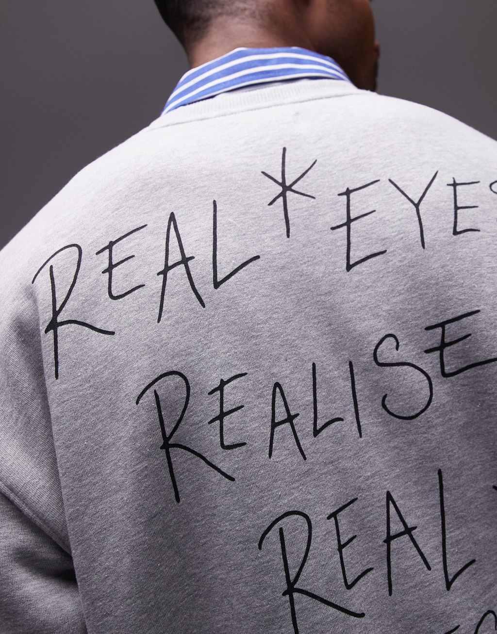Topman oversized fit sweatshirt with Real Lies print in gray heather Product Image
