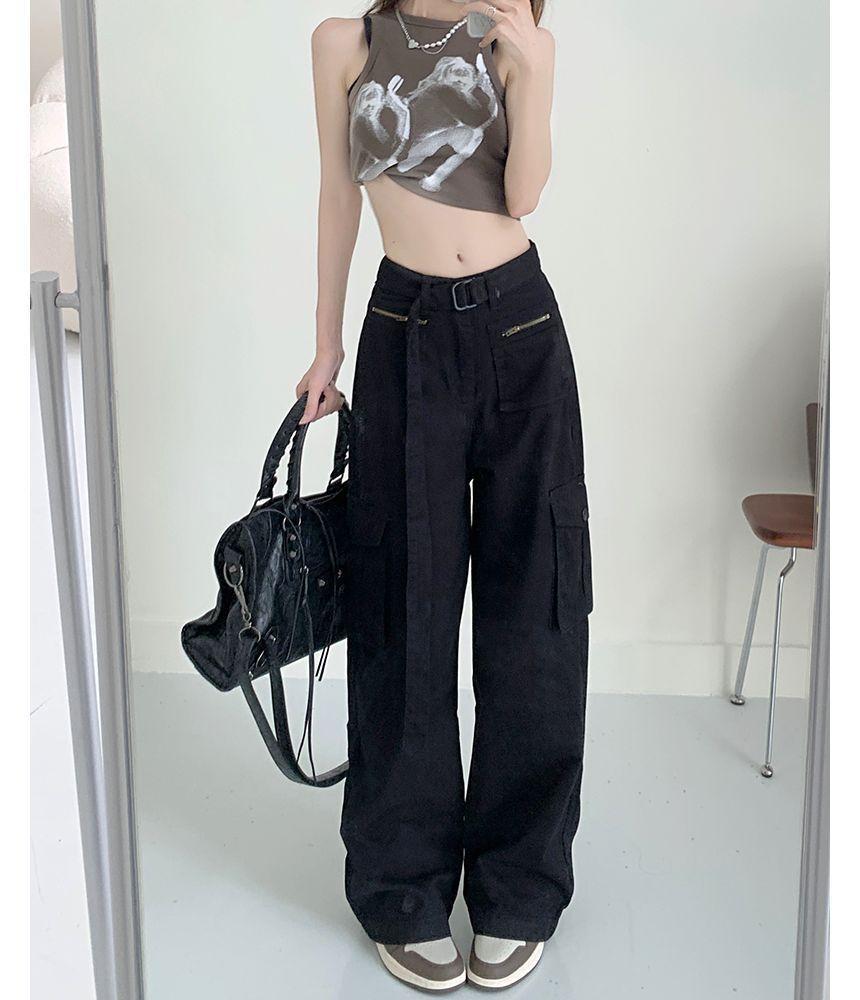Mid Rise Plain Wide Leg Cargo Jeans Product Image