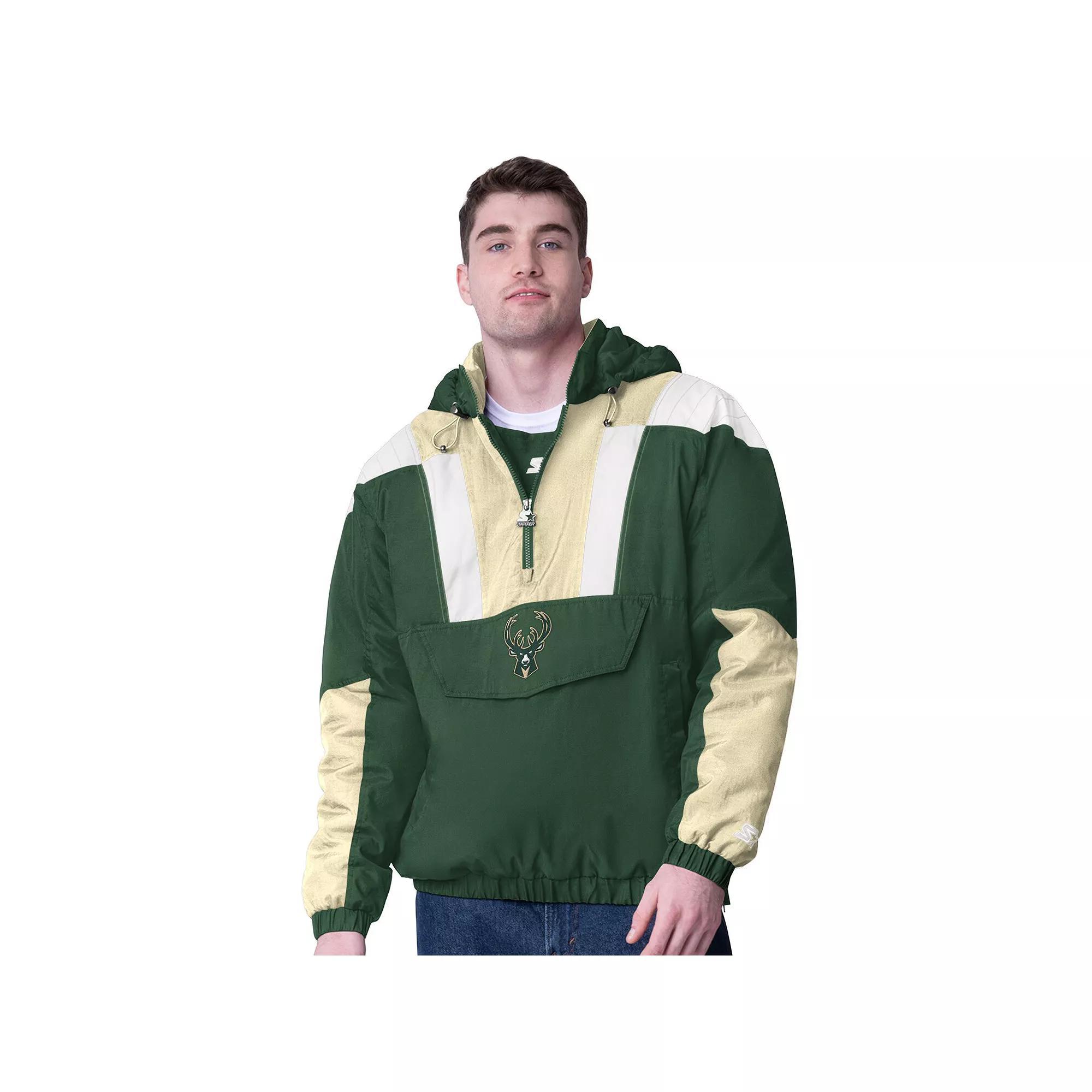 Men's Starter  Hunter Green/Cream Milwaukee Bucks Charger Half-Zip Pullover Jacket, Size: 2XL, Team Product Image