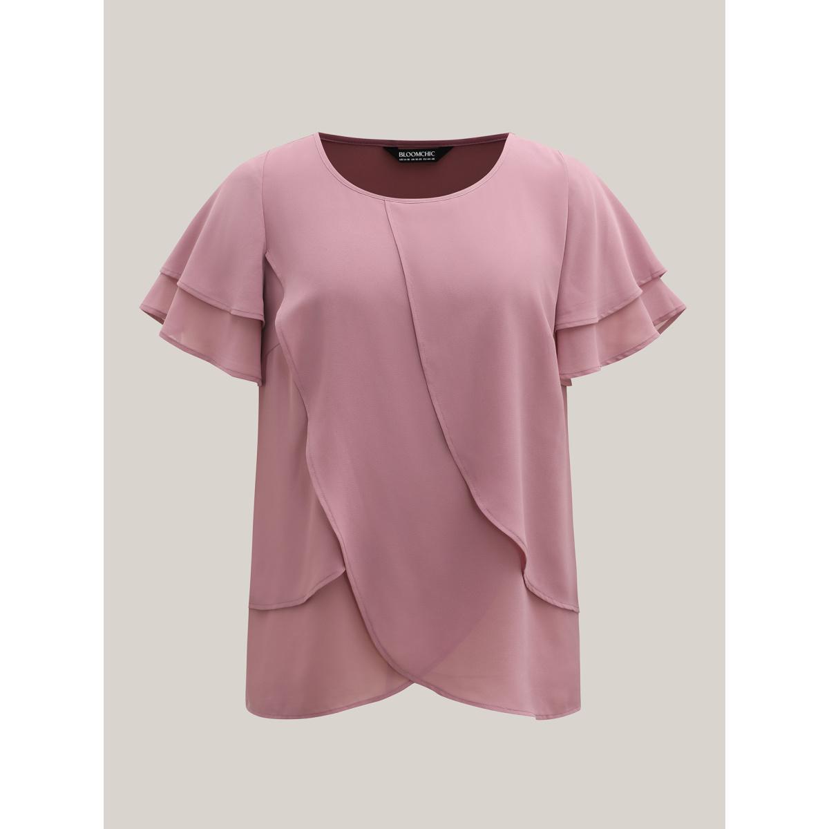 Plus Size DustyPink Chiffon Layered Flowy Solid Blouse Women Short sleeve Round Neck Everyday-Elegant Blouses BloomChic 28/5X Product Image