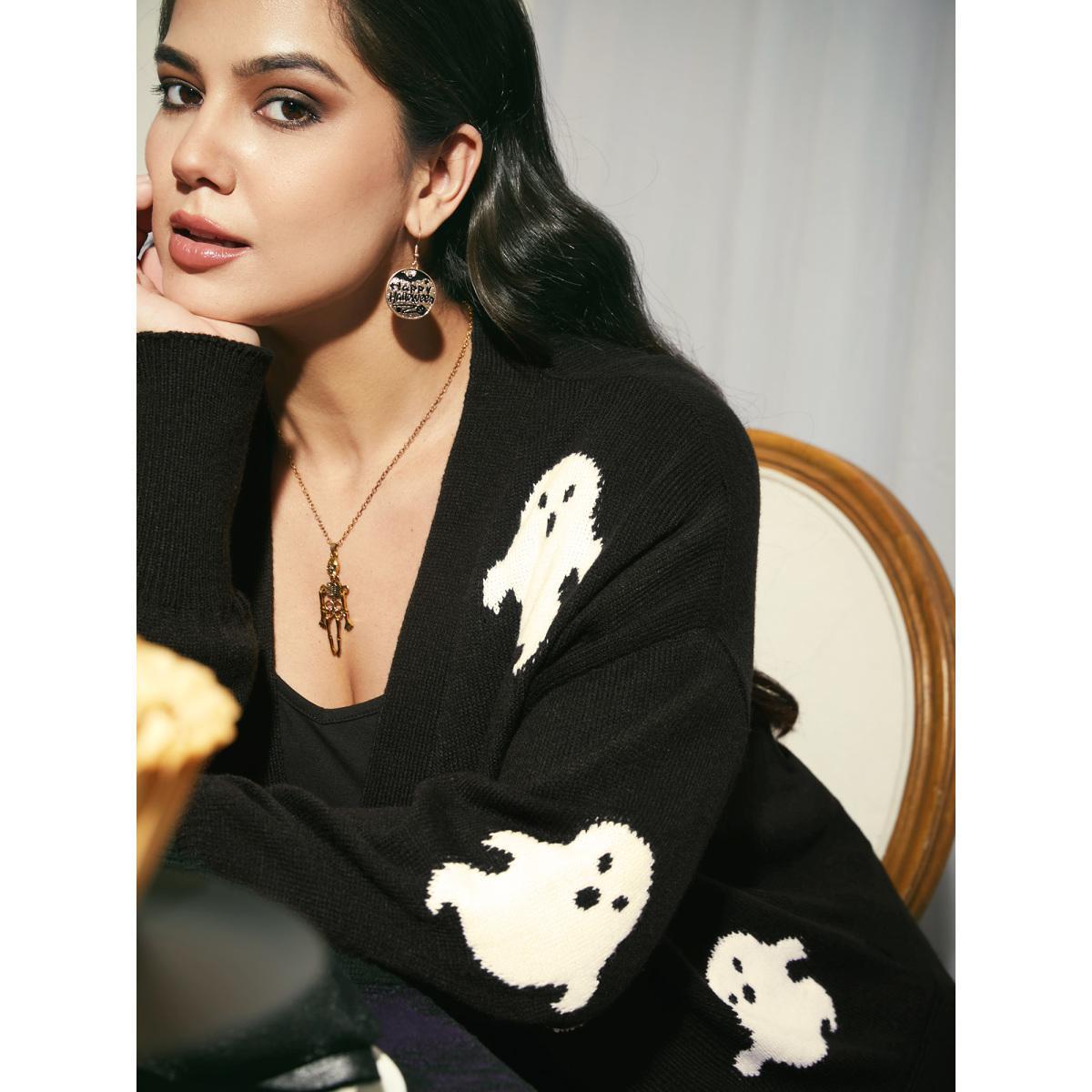 Plus Size Happy Ghost Jacquard Arc Cardigan Black Women Casual Loose Long Sleeve Everyday Cardigans BloomChic 14-16/1X Product Image