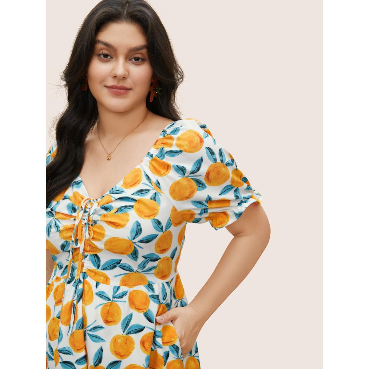 Plus Size Fruits Print Drawstring Ruched Lantern Sleeve Dress Ivory Women Elegant Gathered Tie Neck Short sleeve Curvy Midi Dress BloomChic 18-20/2X Product Image