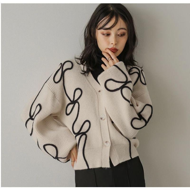 V-Neck Embroidered Button Crop Cardigan Product Image