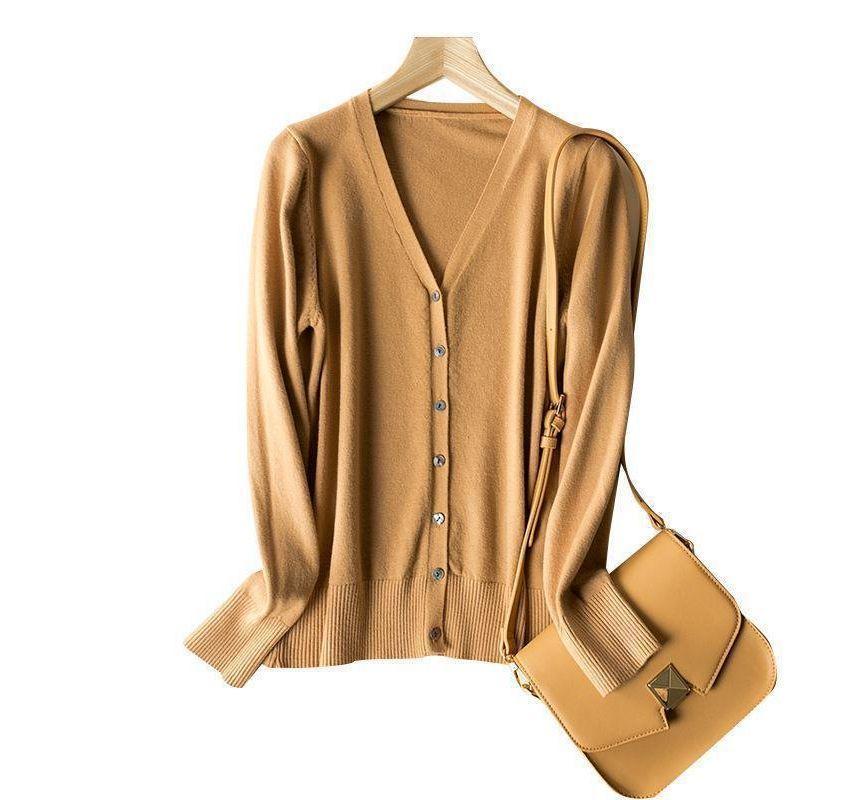 V-Neck Button-Up Plain Cardigan Product Image