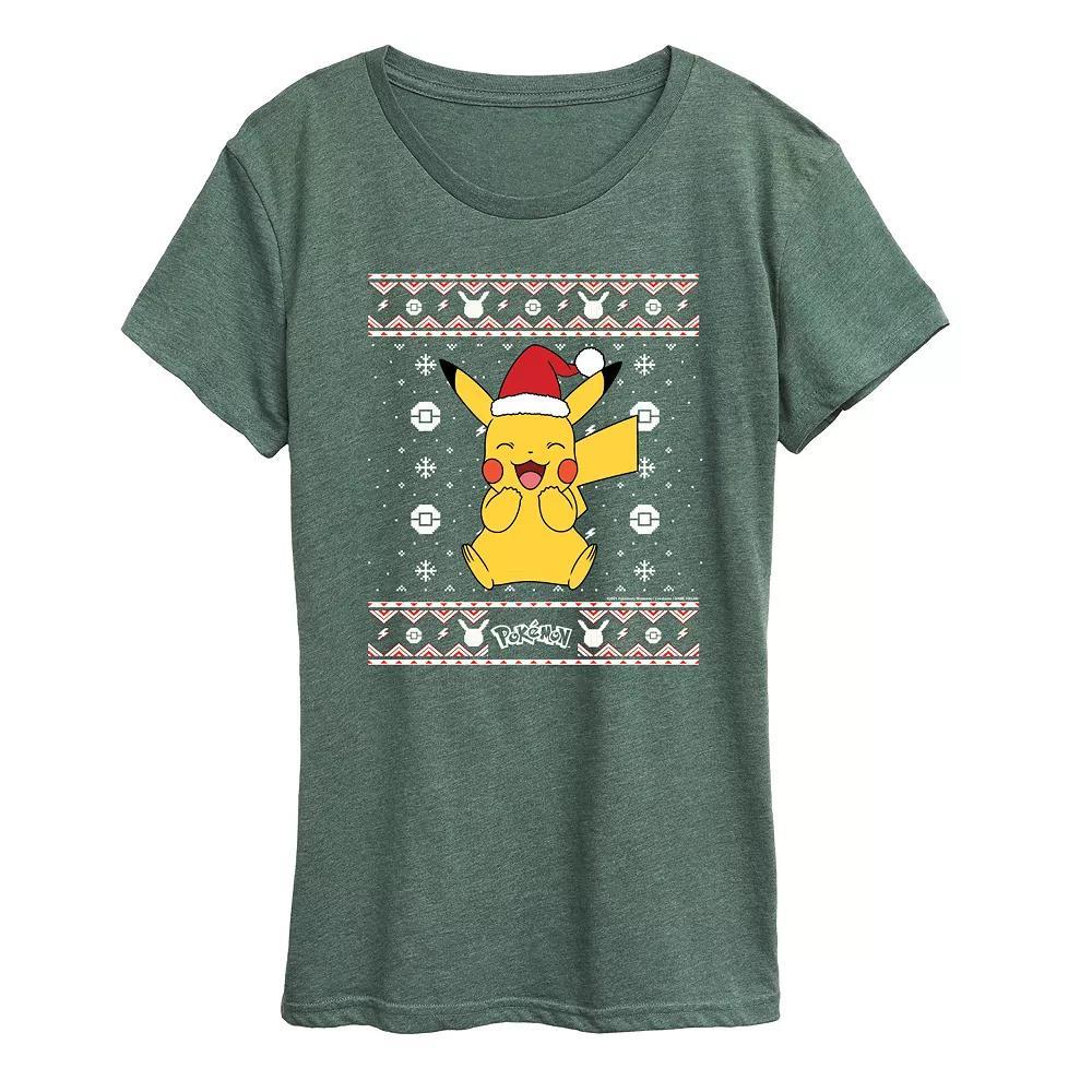 Women's Pokemon Pikachu Sweater Pattern Tee, Size: Medium, Grey Green Product Image