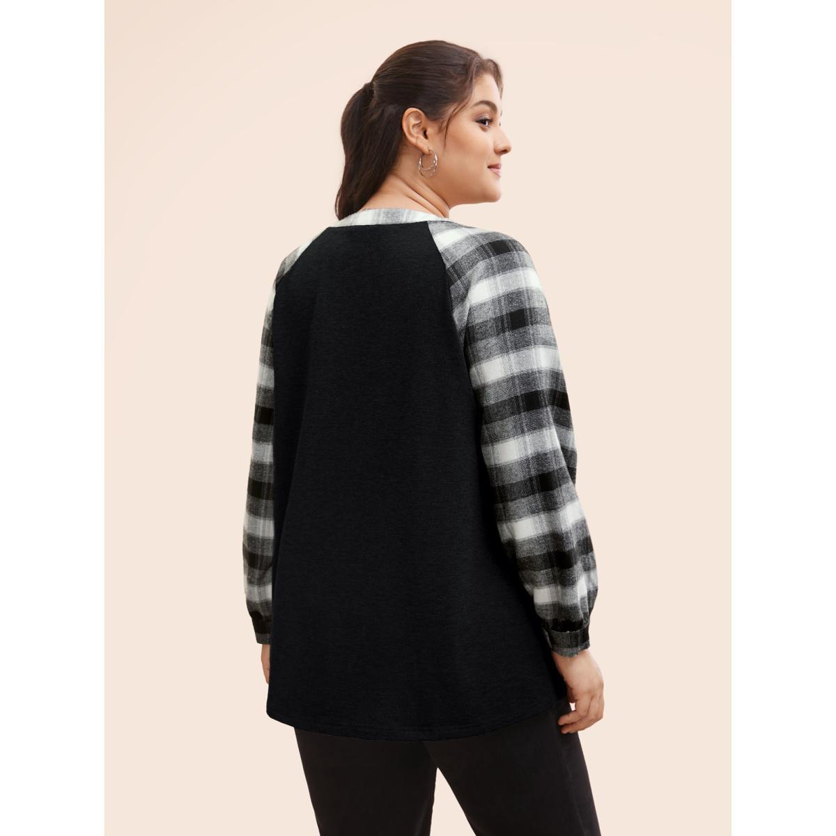 Plus Size Plaid Patchwork Notched Button Detail Sweatshirt Women Black Casual Patchwork Notched collar Everyday Sweatshirts BloomChic 14-16/1X Product Image