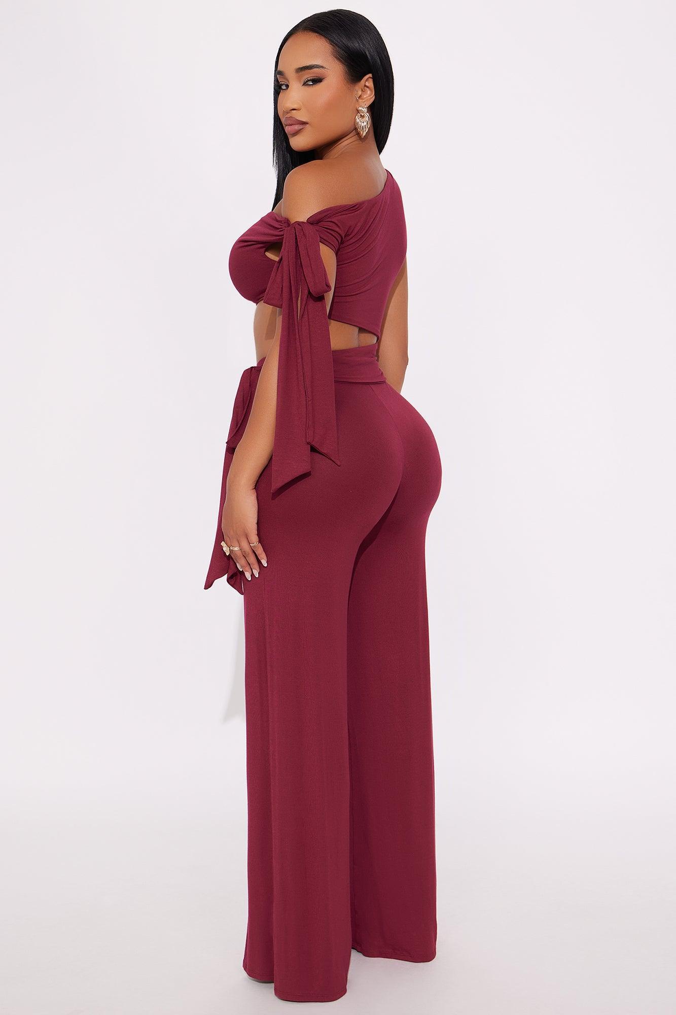 Hailey Off Shoulder Wide Leg Jumpsuit - Burgundy Female Product Image