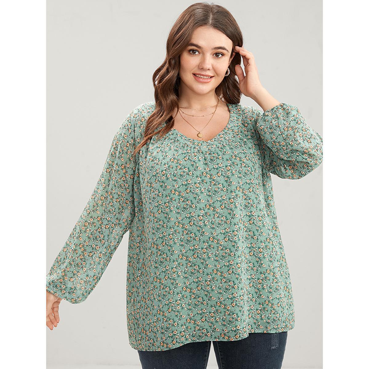 Plus Size Mint Ditsy Floral Lantern Sleeve V Neck Blouse Women Elegant Long Sleeve V-neck Dailywear Blouses BloomChic 10/M Product Image