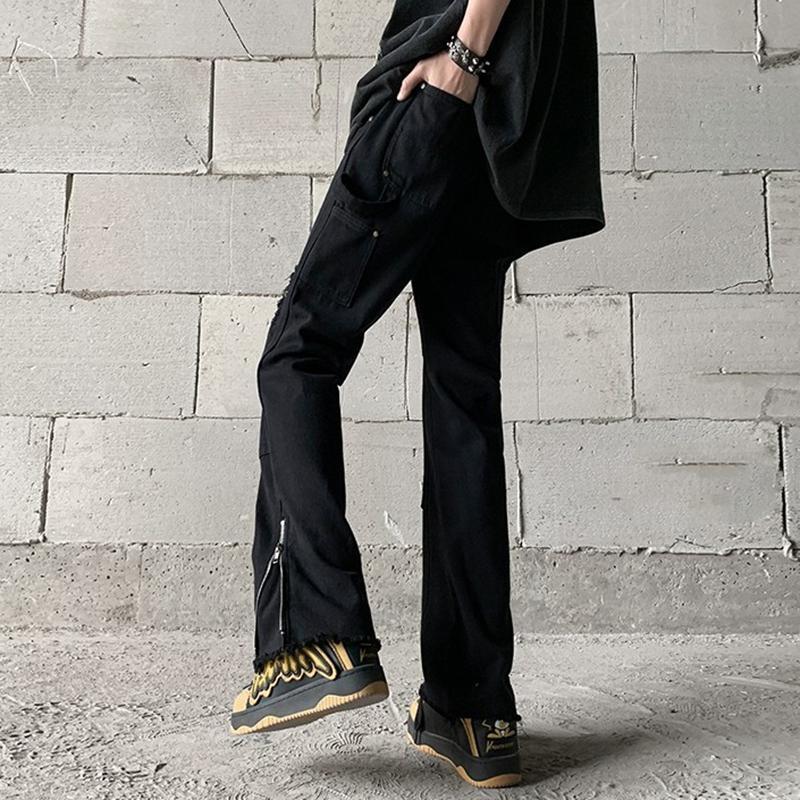 Sopula Trendy Retro Street Ripped Zipper Patchwork Slim Fit Bootcut Jeans Product Image