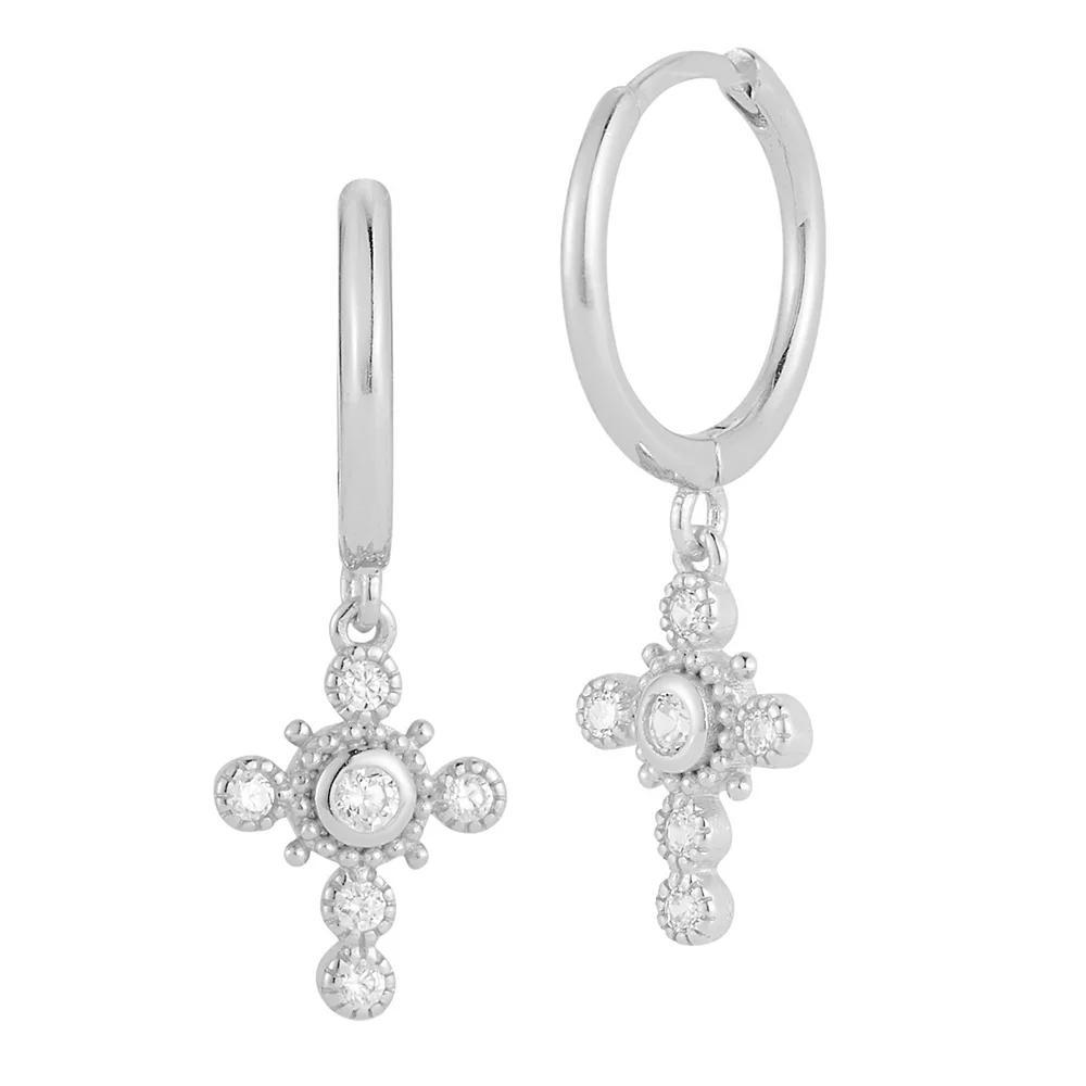 Sunkissed Sterling Cubic Zirconia Cross Charm Huggie Hoop Earrings, Women's, Silver Tone Product Image