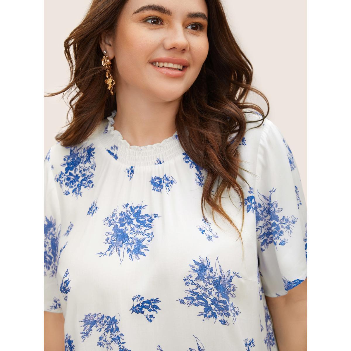 Plus Size Mediumblue Wrap Collar Floral Ruffle Sleeve Blouse Women Elegant Short sleeve Wrap collar Everyday Blouses BloomChic 26/4X Product Image