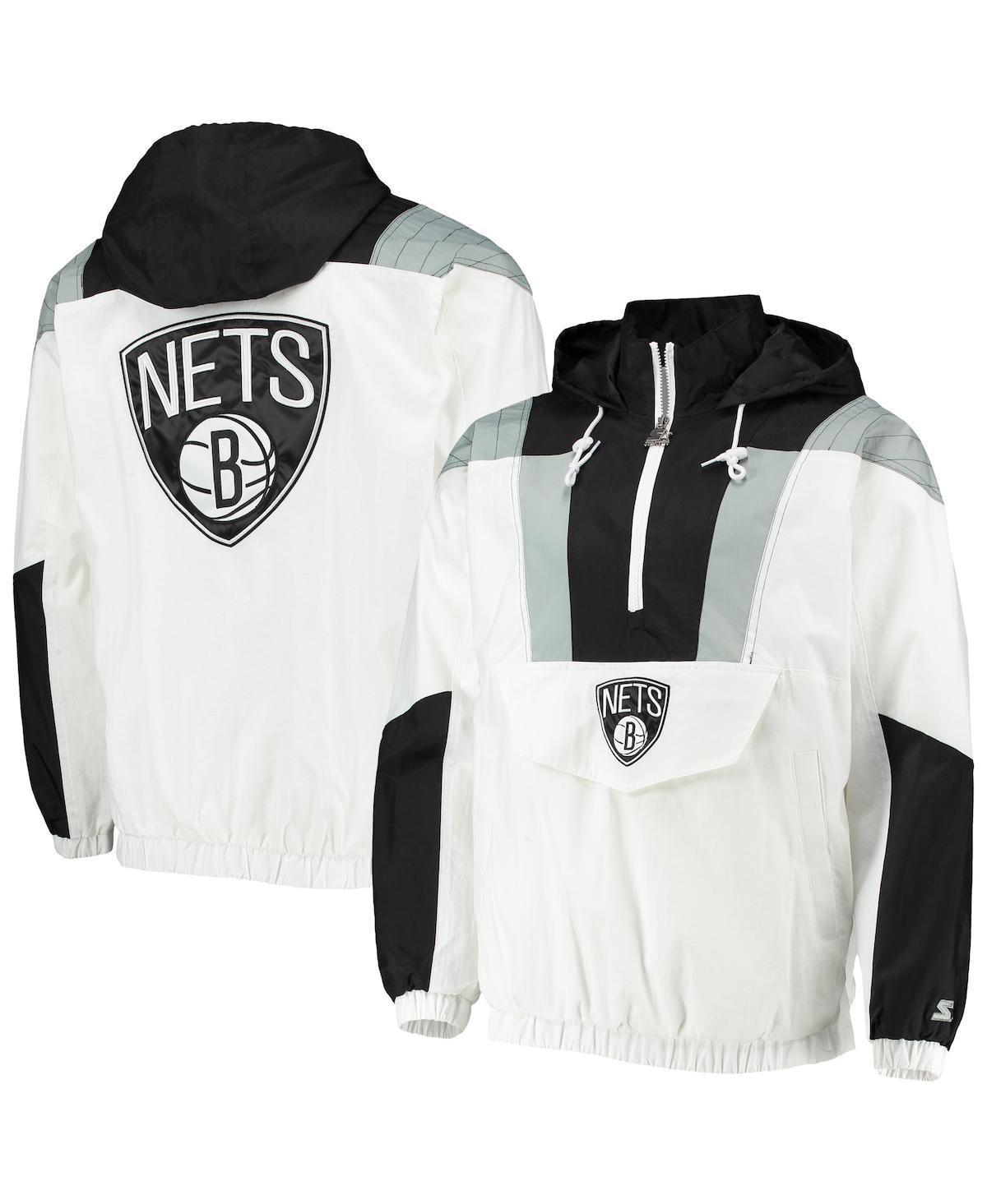 Men's Starter White Brooklyn Nets Striker Crinkle Half-Zip Hoodie Jacket, Size: Medium Product Image