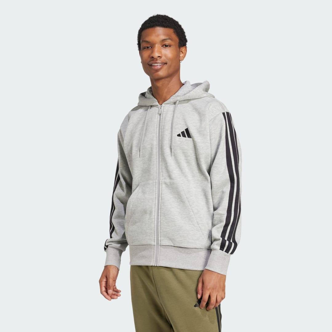 Men's adidas Essentials 3-Stripes Fleece Sportswear Zip Front Hoodie, Size: Medium, Medium Grey Grey Product Image