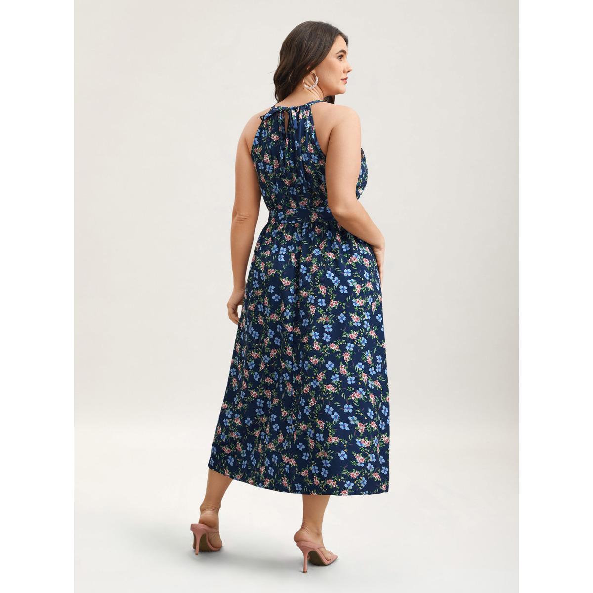 Plus Size Floral Print Belted Stretchy Waist Midi Dress Navy Women Elegant Gathered Halter neck Sleeveless Curvy BloomChic 12/L Product Image
