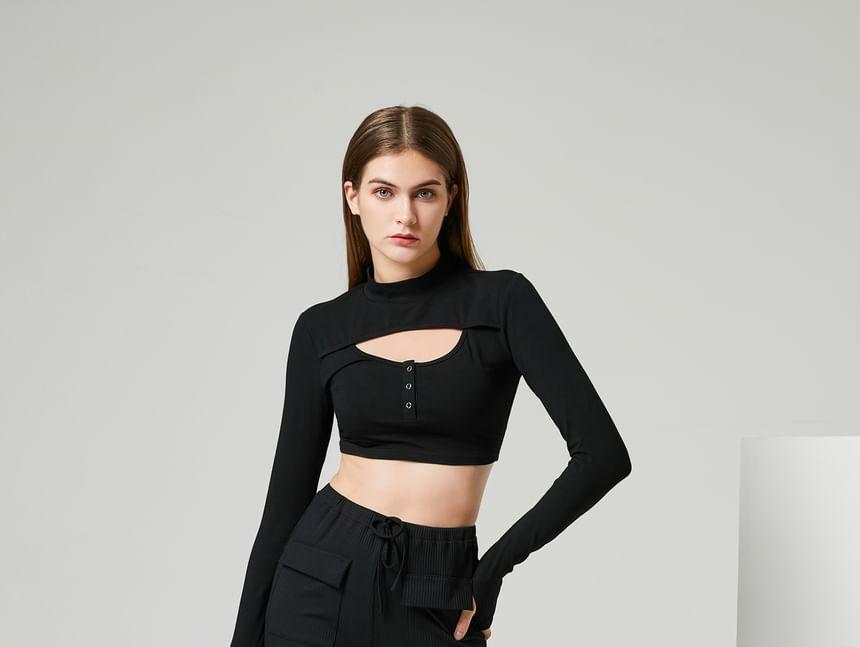Eco-Friendly Long-Sleeve Mock-Neck Cropped Top Product Image
