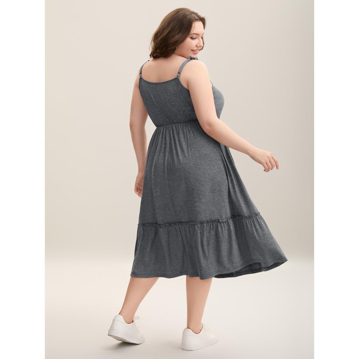 Plus Size Supersoft Heathered Ruched Straps Midi Dress DimGray Women Casual Frill Trim Knit Dresses Bloomchic 30/6X Product Image