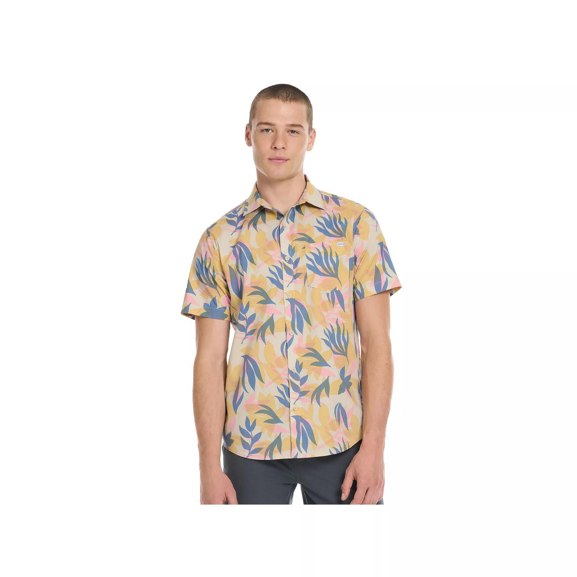 Men's Hurley Tropical Print Short Sleeve Button-Up Shirt, Size: Medium, Beige Product Image