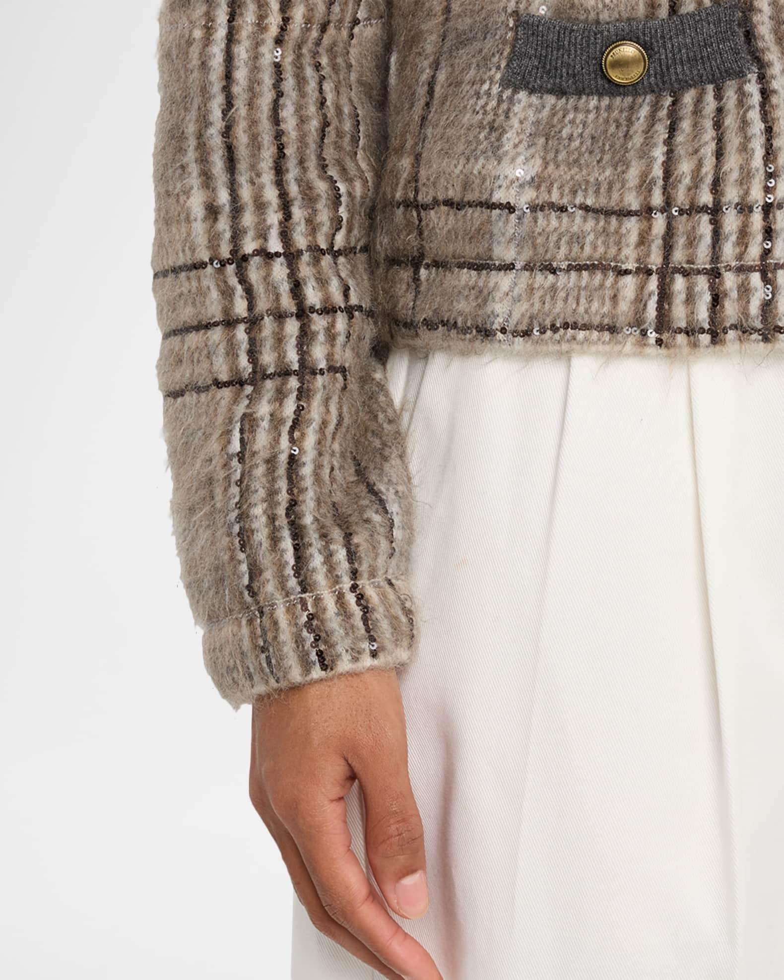 Cashmere-Mohair Paillette Check Jacquard Cardigan Product Image