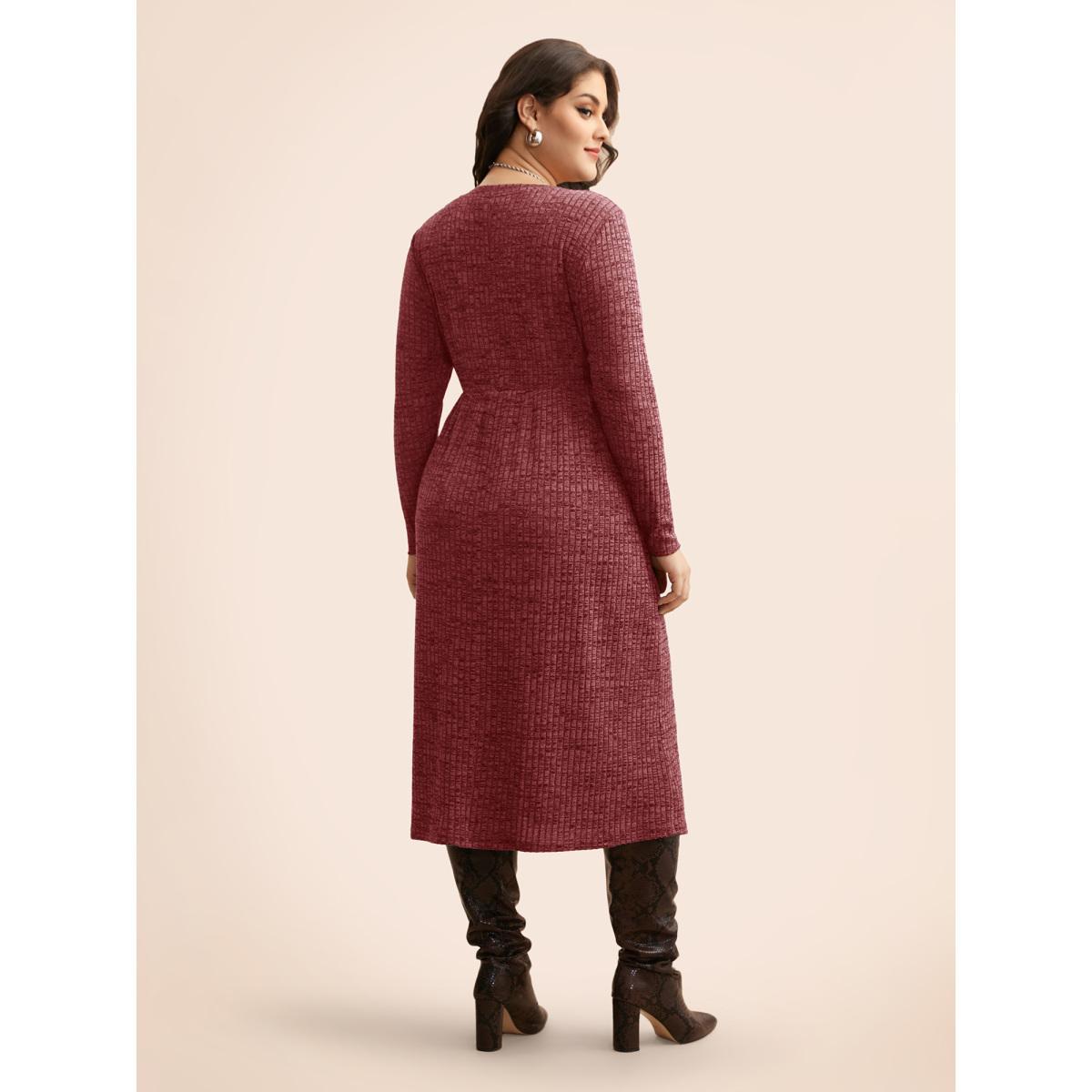 Plus Size Crew Neck Button Detail Split Hem Dress Burgundy Women Casual Texture Round Neck Long Sleeve Curvy BloomChic 26/4X Product Image
