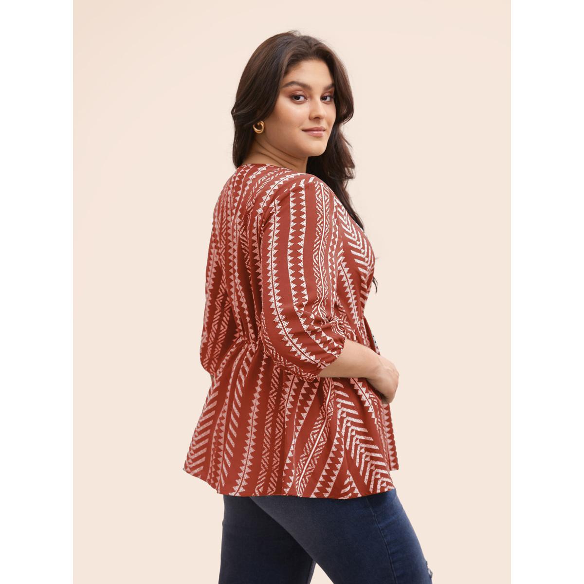Plus Size Russet Bandana Geometric Lantern Sleeve Gathered Blouse Women Resort Elbow-length sleeve V-neck Vacation Blouses BloomChic 22-24/3X Product Image