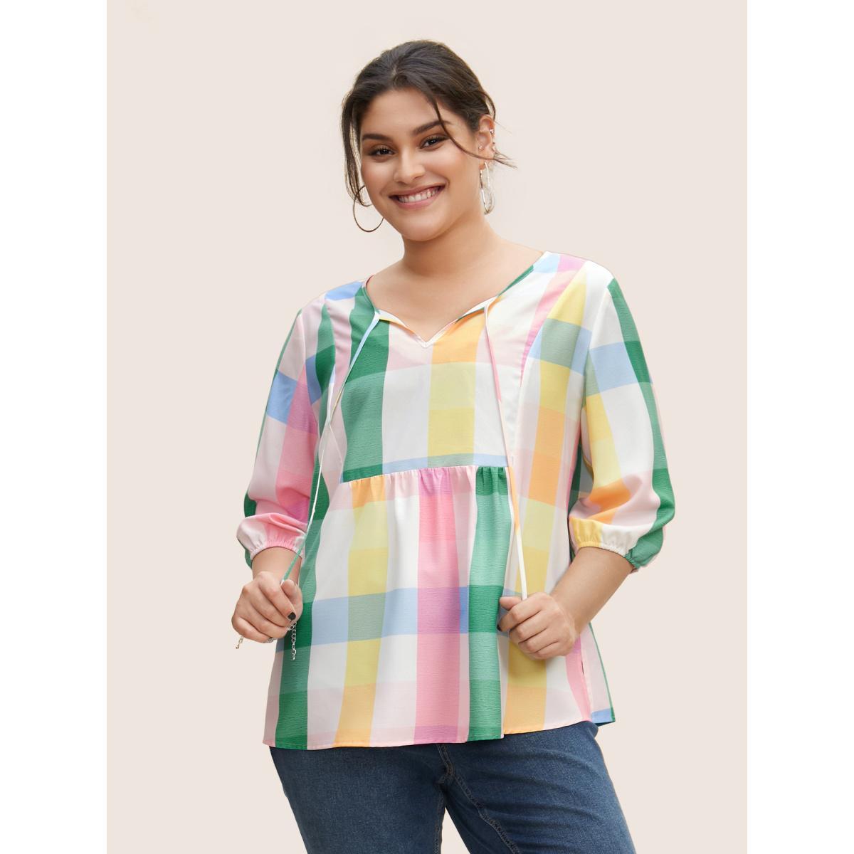 Plus Size Multicolor Contrast Plaid Tie Knot Lantern Sleeve Blouse Women Casual Elbow-length sleeve V-neck Everyday Blouses BloomChic 28/5X Product Image