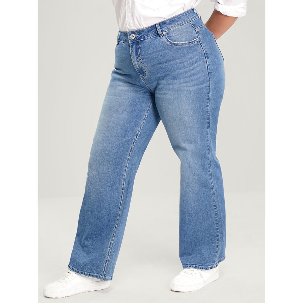Plus Size Boyfriend Wide Leg Slightly Stretchy High Rise Medium Wash Jeans Women Stone Casual Plain Low stretch Pocket Jeans BloomChic 16/1X Product Image