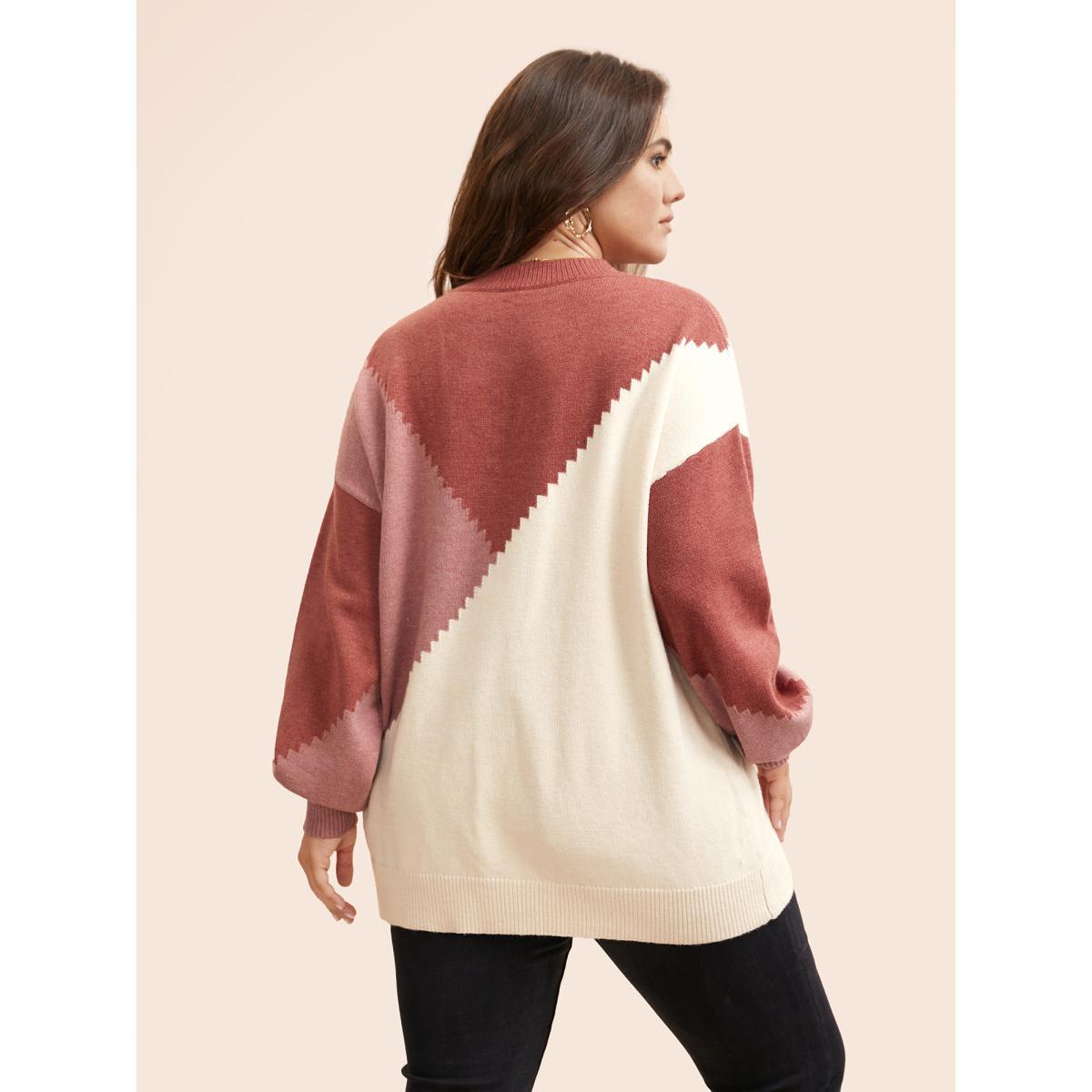 Plus Size Colorblock Contrast Round Neck Pullover DustyPink Women Casual Long Sleeve Round Neck Everyday Pullovers BloomChic 14-16/1X Product Image