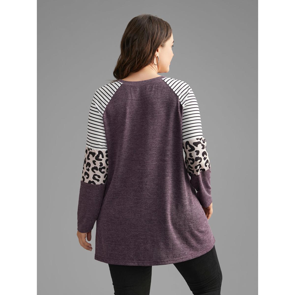 Plus Size Striped Patchwork Leopard Pocket T-shirt Eggplant Women Casual Contrast Round Neck Loose Everyday T-shirts BloomChic 30/6X Product Image