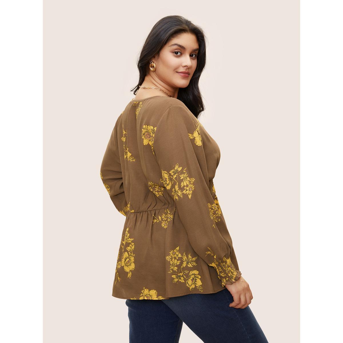 Plus Size Bronze Shirred Floral Elastic Waist Lantern Sleeve Blouse Women Elegant Long Sleeve V-neck Everyday Blouses BloomChic 30/6X Product Image
