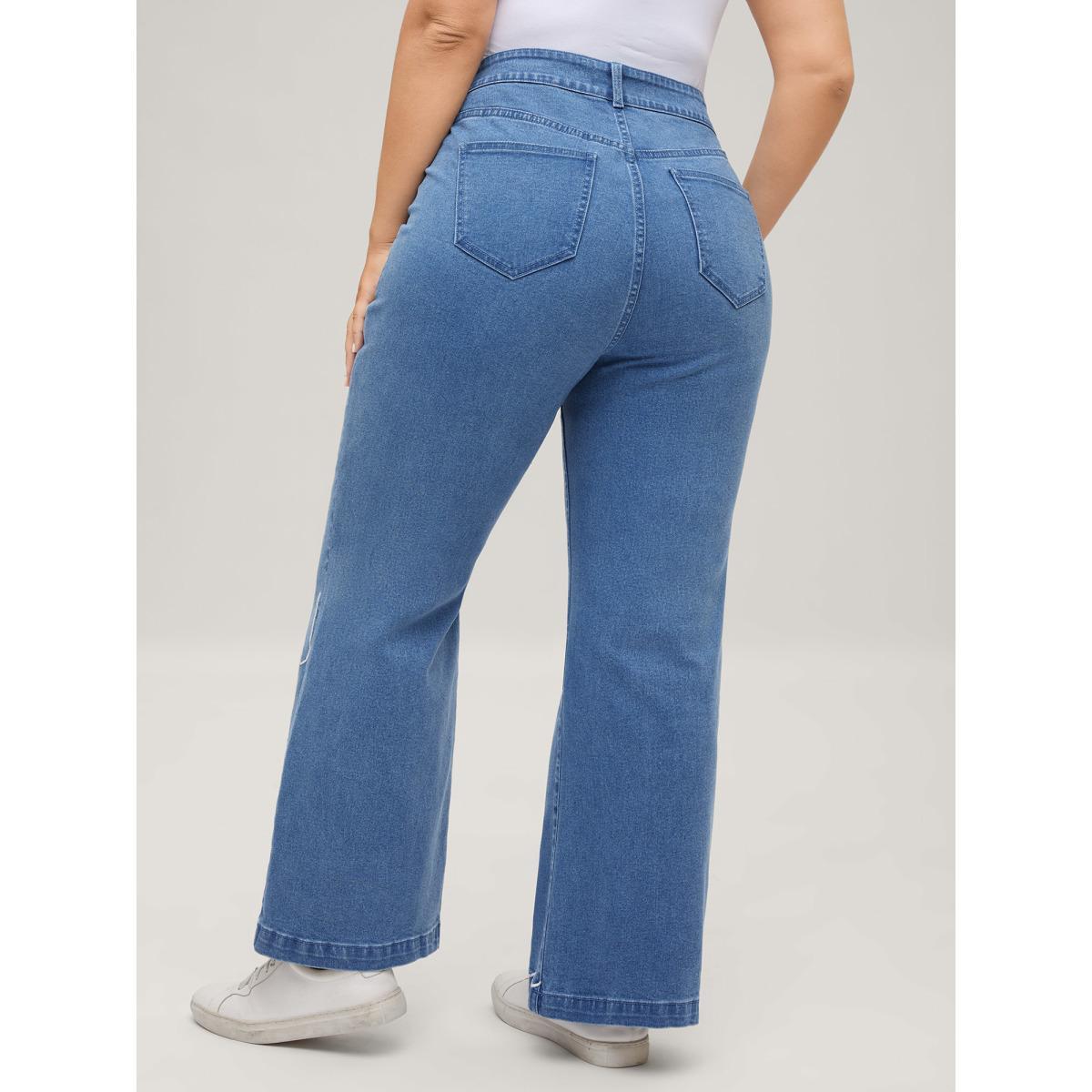 Plus Size Wavy Embroidered Hem Mid Rise Jeans Women Denimblue Medium stretch Slanted pocket Jeans BloomChic 30/6X Product Image