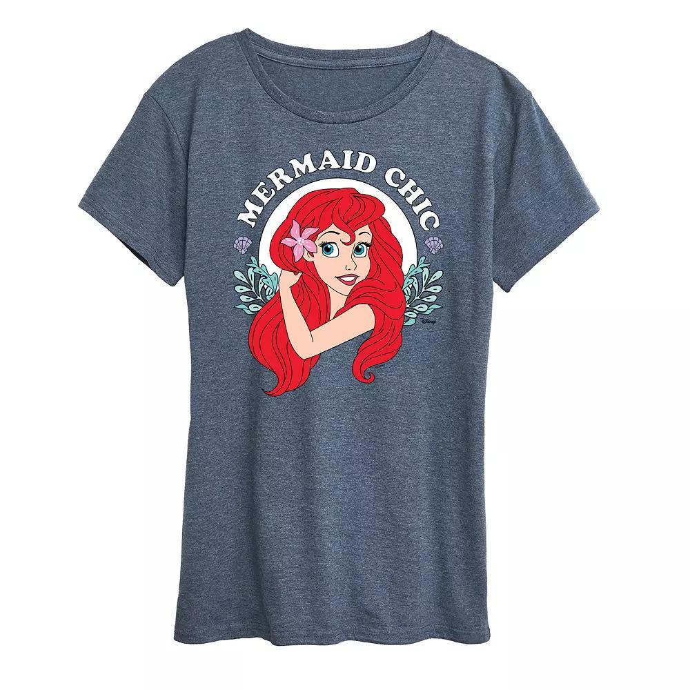 Disney Princess Ariel Womens Mermaid Chic Graphic Tee, Girls Grey Royal Blue Product Image