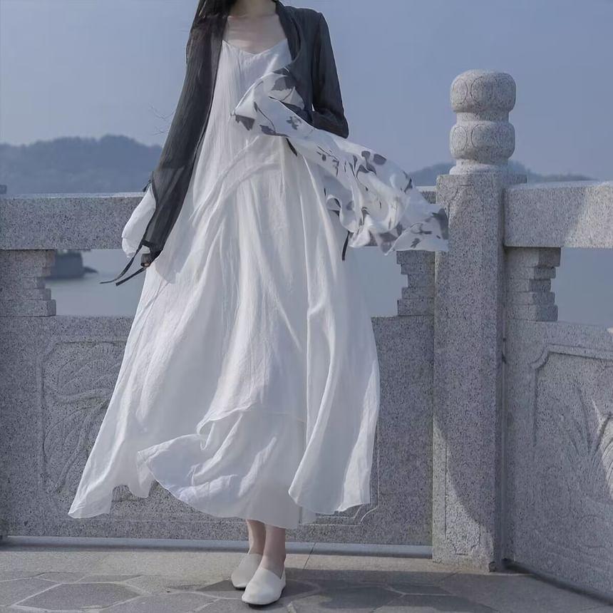 Spaghetti Strap Plain Maxi A-Line Dress Product Image