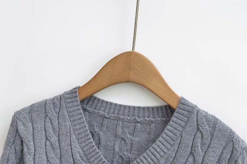 V-Neck Cable Knit Plain Crop Sweater Product Image