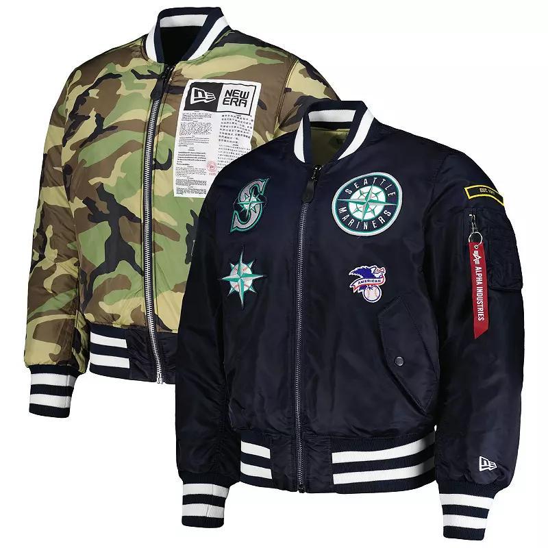 Mens New Era x Alpha Industries /Camo Seattle Mariners Reversible Full-Zip Bomber Jacket Blue Product Image