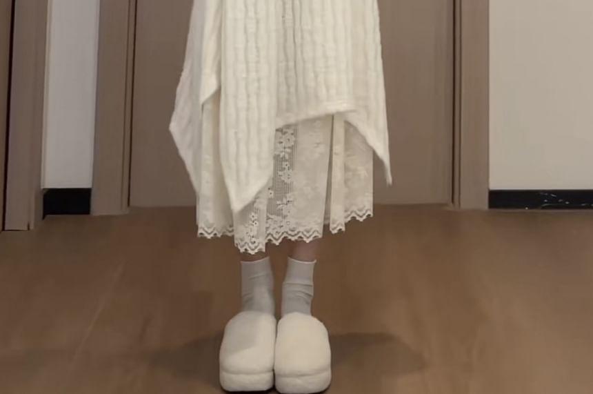 Long-Sleeve V-Neck Mock Two-Piece Asymmetrical Lace Panel Layered Midi A-Line Knit Dress / Mock Neck Dress Product Image
