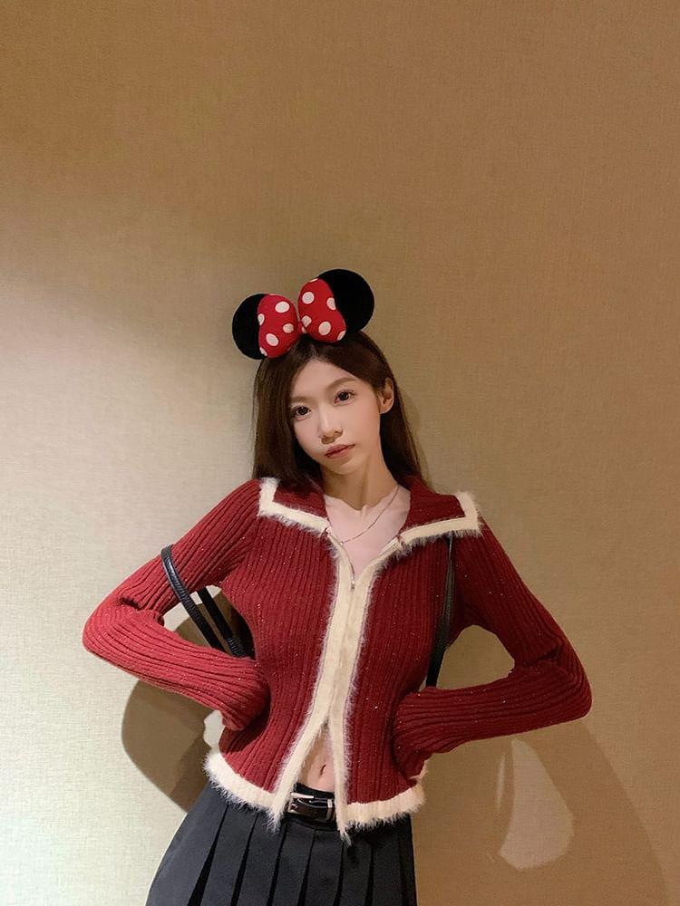 Glitter Contrast Trim Ribbed Zip Cardigan Product Image