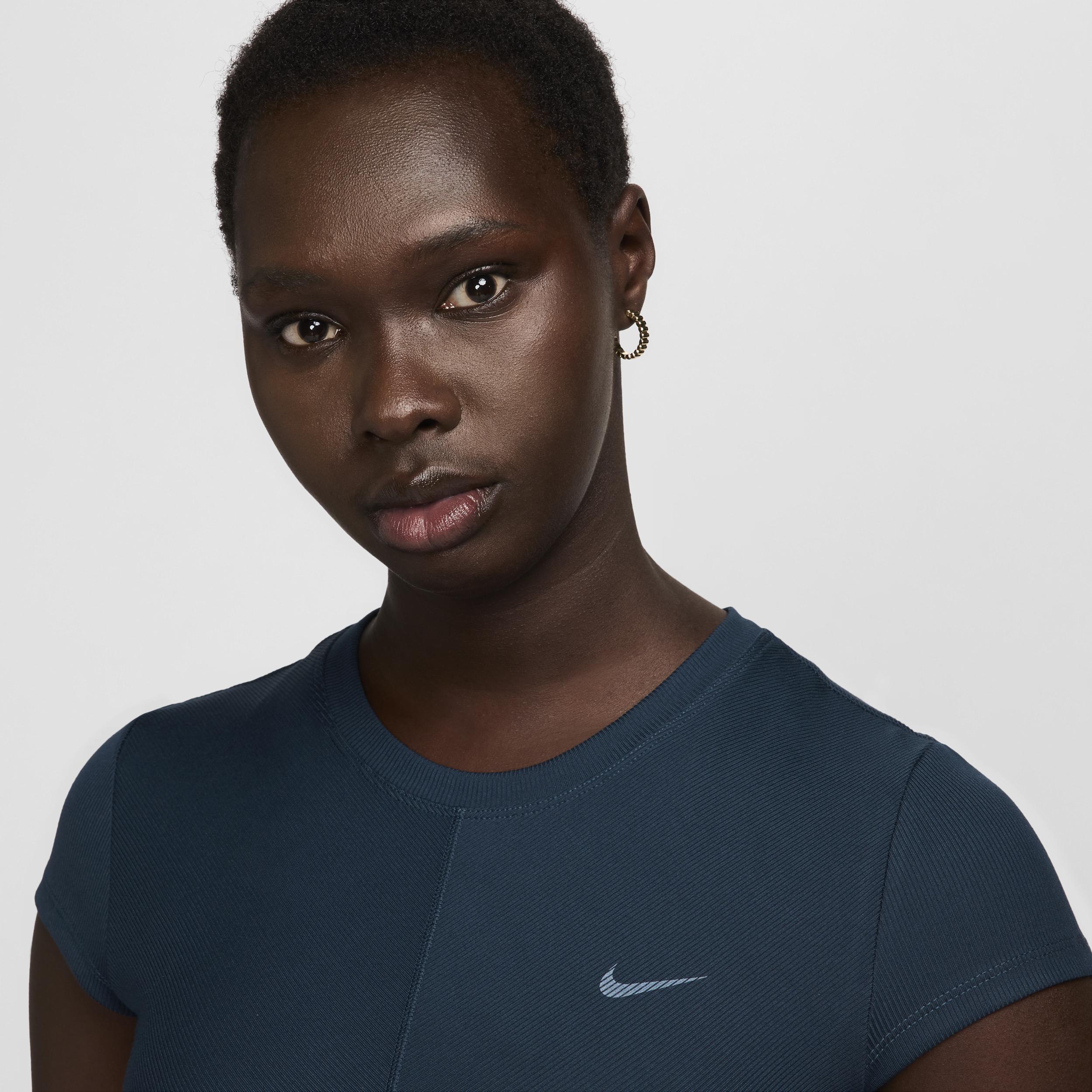 Women's Nike One Ribbed Short Sleeve Top, Size: Large, Blue Product Image