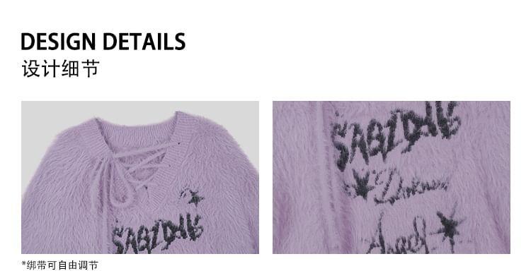 Long-Sleeve V-Neck Lace-Up Lettering Sweater Product Image
