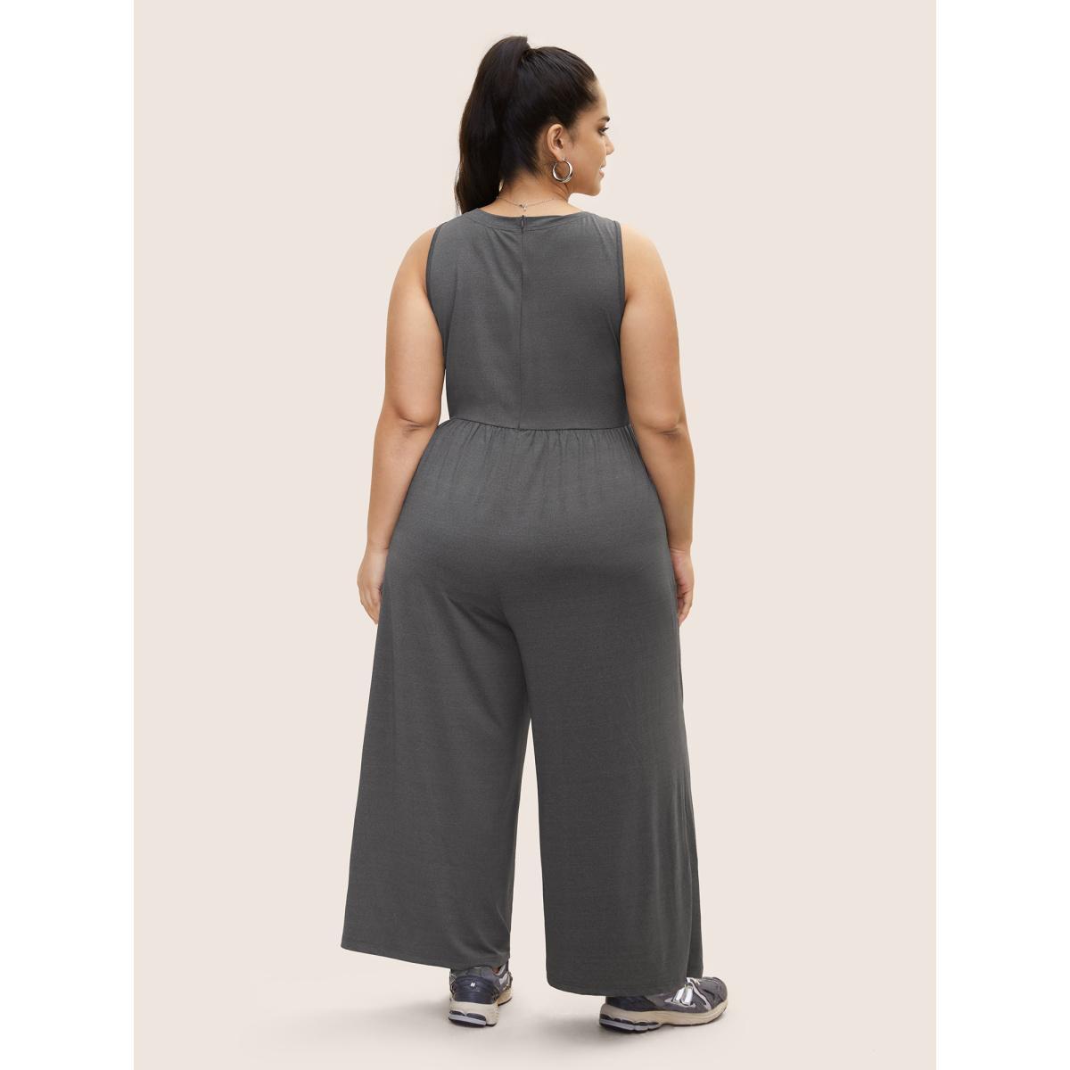 Plus Size DimGray Rib Knit Patchwork Wide Leg Jumpsuit Women Casual Short sleeve Round Neck Everyday Loose Jumpsuits BloomChic 18-20/2X Product Image