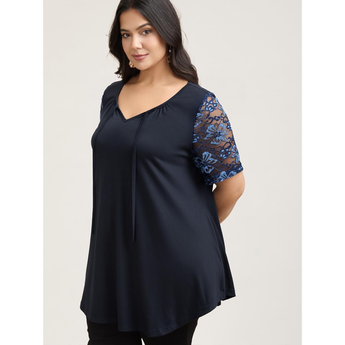 Plus Size Dual-Tone Lace Neck Tie Relaxed T-Shirt Indigo Women Elegant Tie knot V-neck Loose Everyday T-shirts BloomChic 10/M Product Image